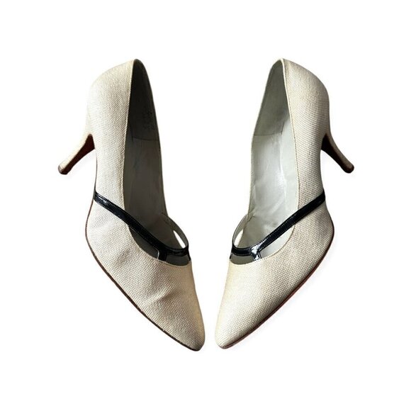 Vintage Roger Vivier Ecru Fabric Pumps with Black Patent‎ Trim, Size 6.5B - Picture 6 of 16